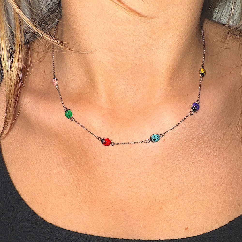 Sterling Silver multicolor ladybug children’s Necklace and Bracelet
